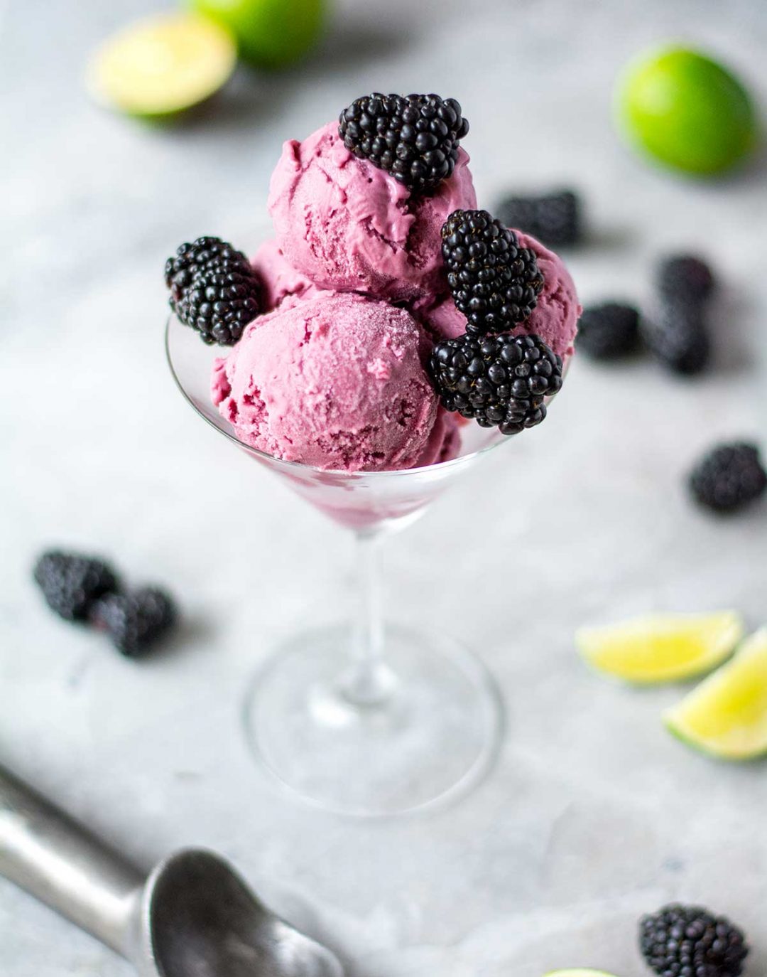 blackberry lime gelato in a martini glass
