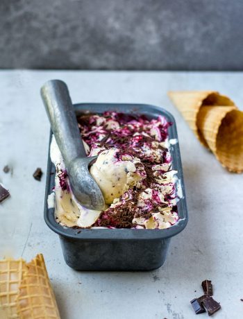 black currant ice cream with cones and scoop side photo